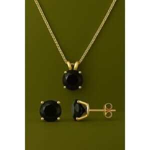 2 Ct Black Diamond Pendant + Stud Set | 14K Gold | Bold Gift Set NWT